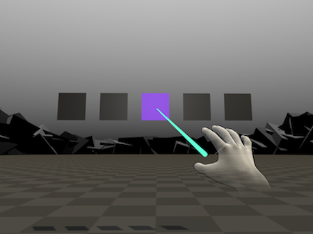 A hand in virtual reality interacting with a block at a distance