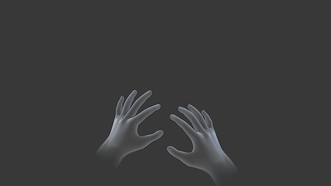 A pair of hands in virtual reality shown in grey against a black background