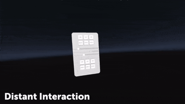 Clip of hands in virtual reality using a UI panel at a distance, pinching to select, and then moving closer and touching the panel directly to interact with it